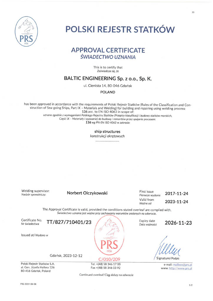 Świadectwo uznania PRS — TT